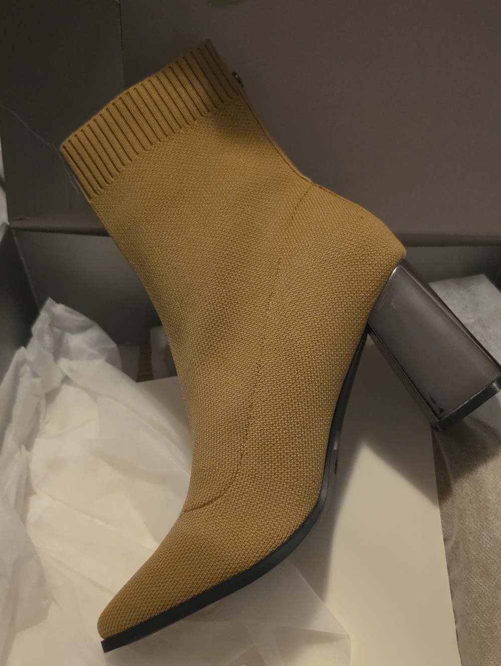 Women’s Tan Knit Sock Boot with Block Heel